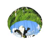 Elastic Band Waterproof Shower Cap, Double Layers Reusable Shower Cap for Women, Eating Cows On Summer Pasture