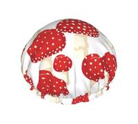 Elastic Band Waterproof Shower Cap, Double Layers Reusable Shower Cap for Women, Fly Agaric Red Mushrooms Pattern