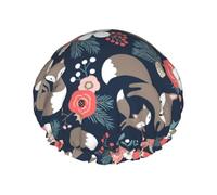 Elastic Band Waterproof Shower Cap, Double Layers Reusable Shower Cap for Women, Fox Animal Flower Mon And Daughter Son