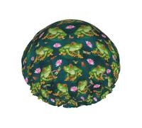Elastic Band Waterproof Shower Cap, Double Layers Reusable Shower Cap for Women, Frog Tropical Lily Dragonfly Fish