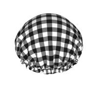 Elastic Band Waterproof Shower Cap, Double Layers Reusable Shower Cap for Women, Gingham Black White