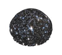 Elastic Band Waterproof Shower Cap, Double Layers Reusable Shower Cap for Women, Glitter Galaxy Printed Not Real Glitter