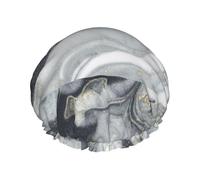 Elastic Band Waterproof Shower Cap, Double Layers Reusable Shower Cap for Women, Gray Marble Abstract Splash Pastel