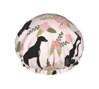 Elastic Band Waterproof Shower Cap, Double Layers Reusable Shower Cap for Women, Greyhound Black Pet Quilt D Floral Coordinate Nursery Dog