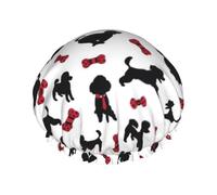 Elastic Band Waterproof Shower Cap, Double Layers Reusable Shower Cap for Women, Happy Poodle White