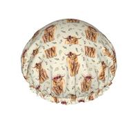 Elastic Band Waterproof Shower Cap, Double Layers Reusable Shower Cap for Women, Highland Floral Cow On Tan
