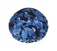 Elastic Band Waterproof Shower Cap, Double Layers Reusable Shower Cap for Women, Killer Whale