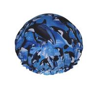 Elastic Band Waterproof Shower Cap, Double Layers Reusable Shower Cap for Women, Killer Whales Orcas Ocean Sea
