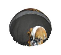 Elastic Band Waterproof Shower Cap, Double Layers Reusable Shower Cap for Women, Kneeling English Bulldog