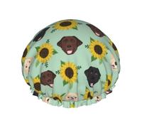 Elastic Band Waterproof Shower Cap, Double Layers Reusable Shower Cap for Women, Labrador Faces Sunflowers