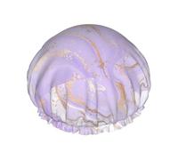 Elastic Band Waterproof Shower Cap, Double Layers Reusable Shower Cap for Women, Lavender Purple Marble Golden Line