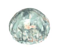 Elastic Band Waterproof Shower Cap, Double Layers Reusable Shower Cap for Women, Marble Mist Sage Green And Peach