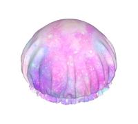 Elastic Band Waterproof Shower Cap, Double Layers Reusable Shower Cap for Women, Marbled Galaxy Pink Purple