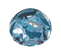 Elastic Band Waterproof Shower Cap, Double Layers Reusable Shower Cap for Women, Marine Mammals Whales
