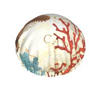 Elastic Band Waterproof Shower Cap, Double Layers Reusable Shower Cap for Women, Nautical Caribbean Starfish Rustic Map And Coral