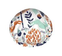 Elastic Band Waterproof Shower Cap, Double Layers Reusable Shower Cap for Women, Navy And Orange Woodland Animals