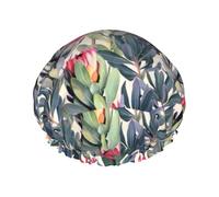 Elastic Band Waterproof Shower Cap, Double Layers Reusable Shower Cap for Women, Painted Protea Pattern On White Background