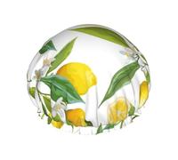 Elastic Band Waterproof Shower Cap, Double Layers Reusable Shower Cap for Women, Patterned Exotic Lemon Tree Branches Yummy Delicious