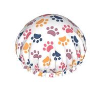 Elastic Band Waterproof Shower Cap, Double Layers Reusable Shower Cap for Women, Paw Pattern Animal Imprint On A White