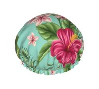 Elastic Band Waterproof Shower Cap, Double Layers Reusable Shower Cap for Women, Plumeria And Hibiscus Flowers Print Exotic Jungle Palm Leaf