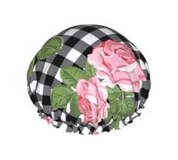 Elastic Band Waterproof Shower Cap, Double Layers Reusable Shower Cap for Women, Print Roses On Black White Gingham