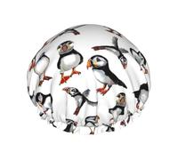 Elastic Band Waterproof Shower Cap, Double Layers Reusable Shower Cap for Women, Puffins Pattern