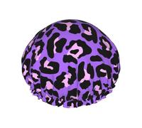 Elastic Band Waterproof Shower Cap, Double Layers Reusable Shower Cap for Women, Purple Leopard Print