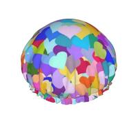 Elastic Band Waterproof Shower Cap, Double Layers Reusable Shower Cap for Women, Rainbow Heart Confetti
