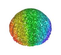 Elastic Band Waterproof Shower Cap, Double Layers Reusable Shower Cap for Women, Rainbow Looks Like With Sequin