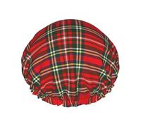 Elastic Band Waterproof Shower Cap, Double Layers Reusable Shower Cap for Women, Red Plaid European Western Culture