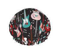 Elastic Band Waterproof Shower Cap, Double Layers Reusable Shower Cap for Women, Rock Roll Guitar