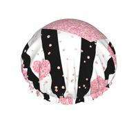 Elastic Band Waterproof Shower Cap, Double Layers Reusable Shower Cap for Women, Romantic Heart Rose Gold Sequin Stripe