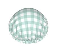Elastic Band Waterproof Shower Cap, Double Layers Reusable Shower Cap for Women, Sage Green Basic Gingham Checkered Pattern