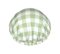 Elastic Band Waterproof Shower Cap, Double Layers Reusable Shower Cap for Women, Sage Green Linen Plaid