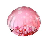 Elastic Band Waterproof Shower Cap, Double Layers Reusable Shower Cap for Women, Sakura Tree Cherry Pink Red White Flower