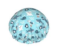 Elastic Band Waterproof Shower Cap, Double Layers Reusable Shower Cap for Women, Sea Life Animals Seal Whale Shark Penguin And