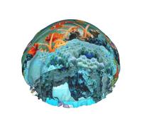 Elastic Band Waterproof Shower Cap, Double Layers Reusable Shower Cap for Women, Seabed Coral Fish Dolphins Print Starry Night
