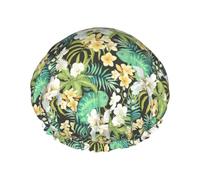 Elastic Band Waterproof Shower Cap, Double Layers Reusable Shower Cap for Women, Seamless Pattern Flowers Plumeria Orchid Fleur Vintage Chameleon