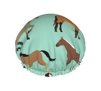 Elastic Band Waterproof Shower Cap, Double Layers Reusable Shower Cap for Women, Seamless Pattern With Horses In Flat Style