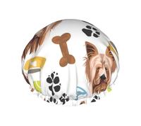 Elastic Band Waterproof Shower Cap, Double Layers Reusable Shower Cap for Women, Smiling Dog Yorkshire Terrier