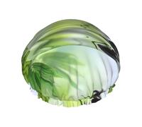 Elastic Band Waterproof Shower Cap, Double Layers Reusable Shower Cap for Women, Spa Green Bamboo Stone White Flower