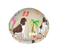 Elastic Band Waterproof Shower Cap, Double Layers Reusable Shower Cap for Women, Springer Spaniel Beach Summer Tropical Vacation