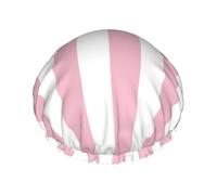 Elastic Band Waterproof Shower Cap, Double Layers Reusable Shower Cap for Women, Stripes Parallel Lines Pink White