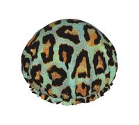Elastic Band Waterproof Shower Cap, Double Layers Reusable Shower Cap for Women, Teal Leopard Chic Animal Print