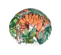Elastic Band Waterproof Shower Cap, Double Layers Reusable Shower Cap for Women, Tiger Botanical Tropical Leaves