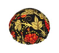 Elastic Band Waterproof Shower Cap, Double Layers Reusable Shower Cap for Women, Traditional Russian Khokhloma Cranberry