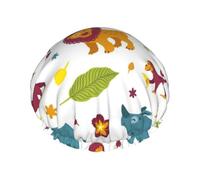 Elastic Band Waterproof Shower Cap, Double Layers Reusable Shower Cap for Women, Tropical Cartoon African Animals Rhino Monkey Lion And Plants