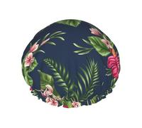 Elastic Band Waterproof Shower Cap, Double Layers Reusable Shower Cap for Women, Tropical Flowers Frangipani Hibiscus