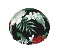 Elastic Band Waterproof Shower Cap, Double Layers Reusable Shower Cap for Women, Tropical Hawaiian Vintage Flower Red Hibiscus