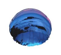 Elastic Band Waterproof Shower Cap, Double Layers Reusable Shower Cap for Women, Tropical Island Beach Ocean Pink Blue Sunset